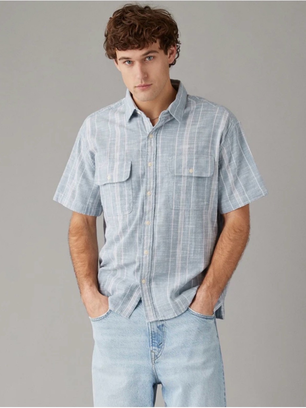 American Eagle Men’s Striped Short Sleeve Button Shirt Sz L 100% Cotton Pockets